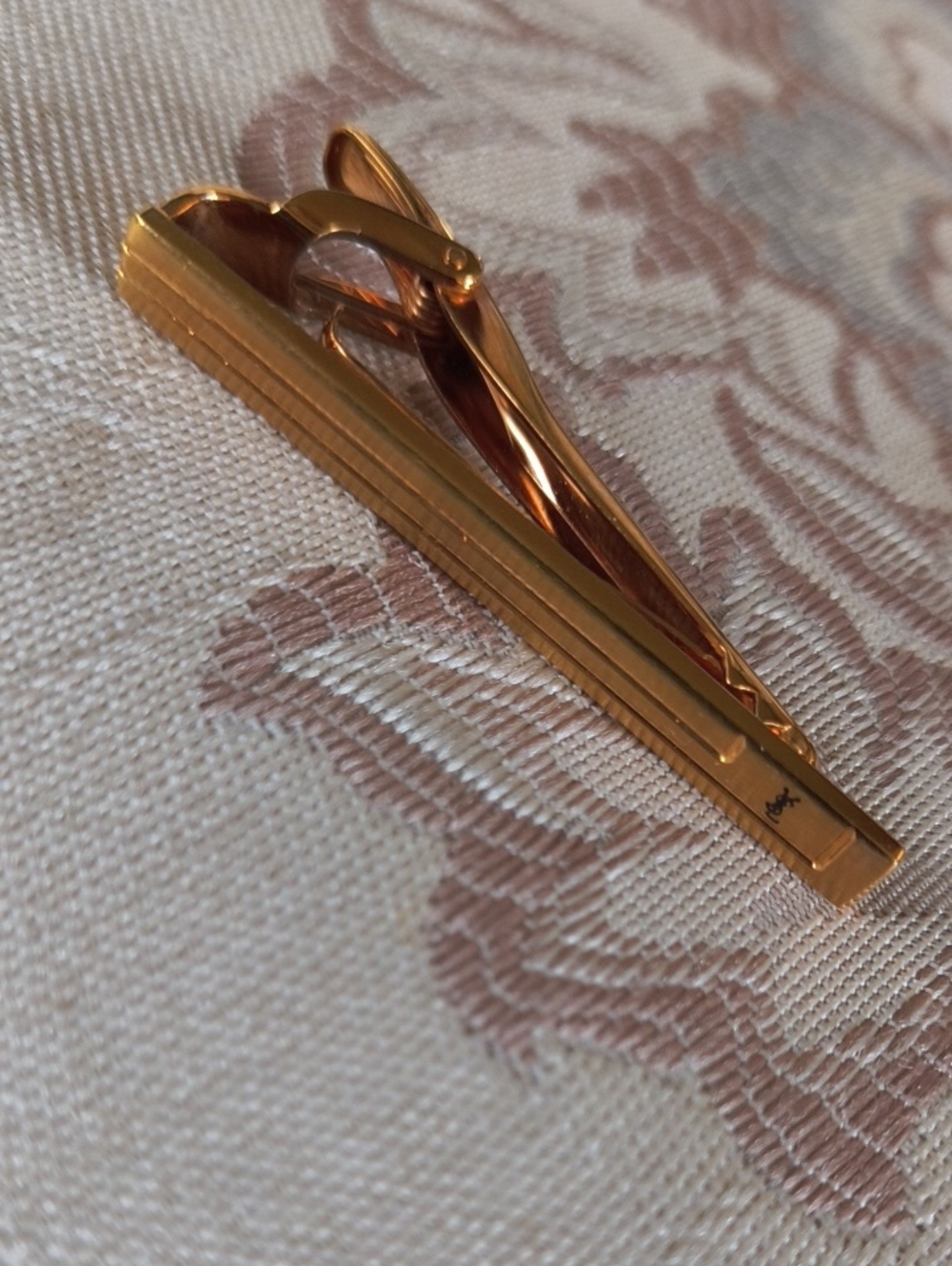 YSL Vintage Gold Logo Black Tie Hair Scarf Money Clip Pin